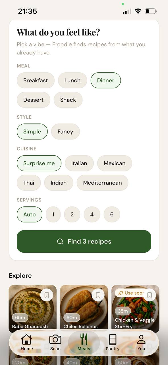 Froodie meal discovery screen using food already in the pantry