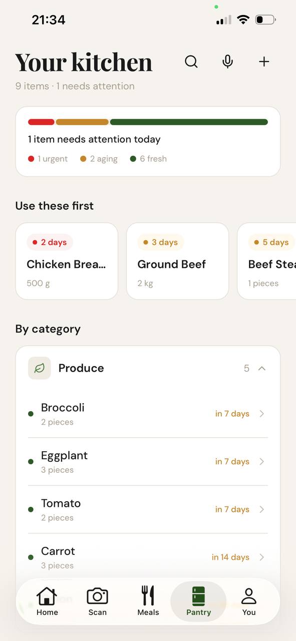 Froodie pantry showing ingredients grouped by freshness