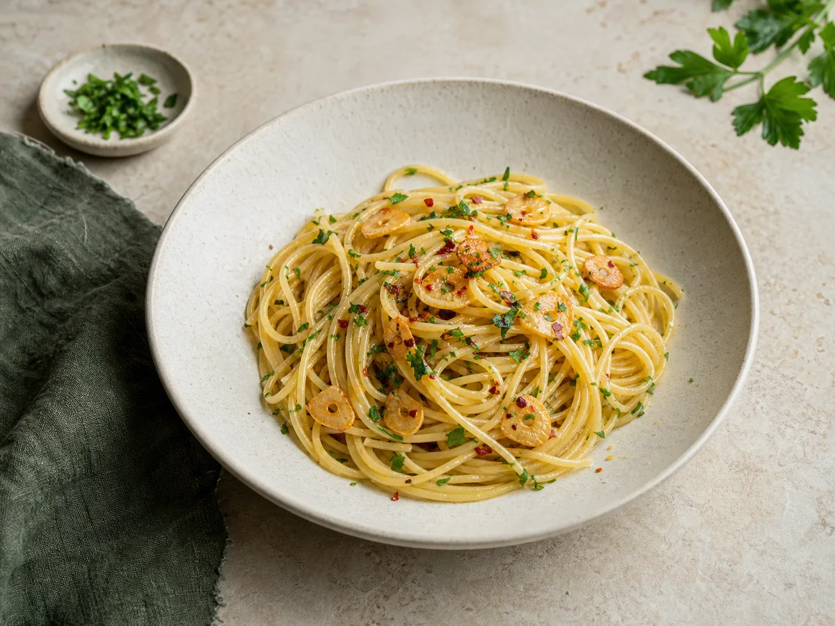 Spaghetti aglio e olio with golden garlic, chili flakes, and parsley