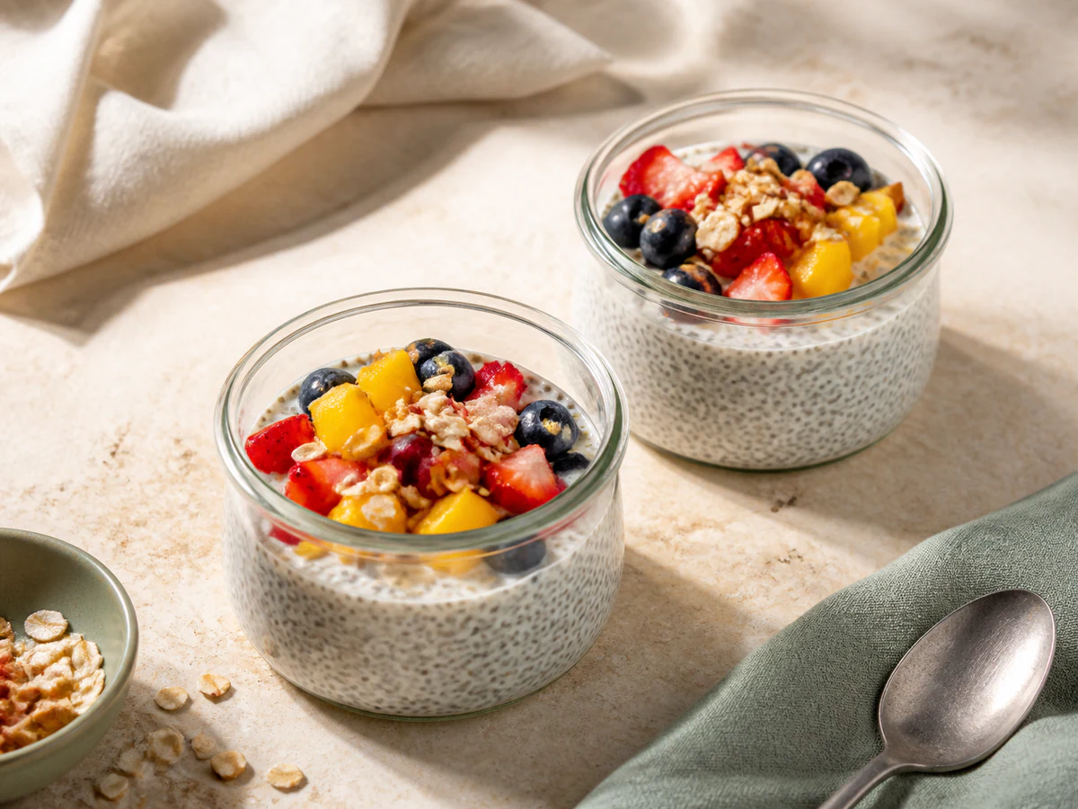 Two glass bowls of creamy chia pudding topped with strawberries, blueberries, mango, oats, and nuts