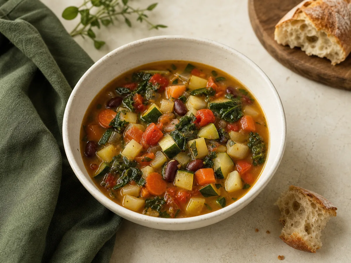 Clean-out-the-fridge vegetable soup with beans, greens, and mixed vegetables