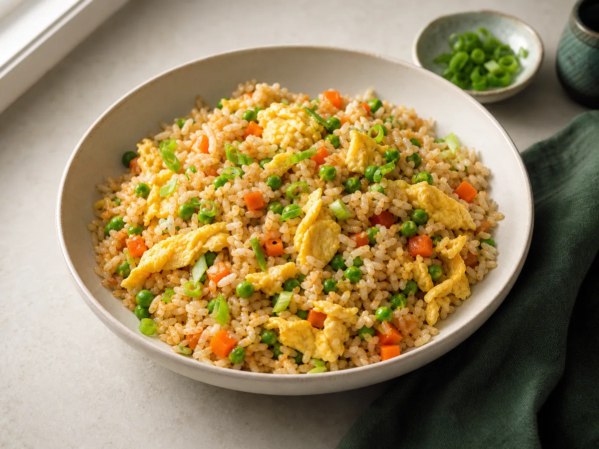 Egg fried rice with peas, carrots, and green onion