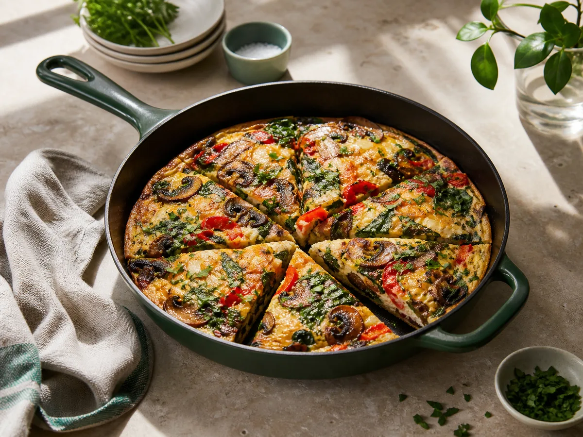 Anything-in-the-fridge frittata with mushrooms, greens, peppers, and cheese
