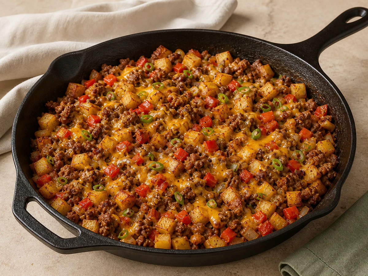 Cheesy ground beef and potato skillet with crisp diced potatoes, red bell pepper, onion, cheddar, and spring onions