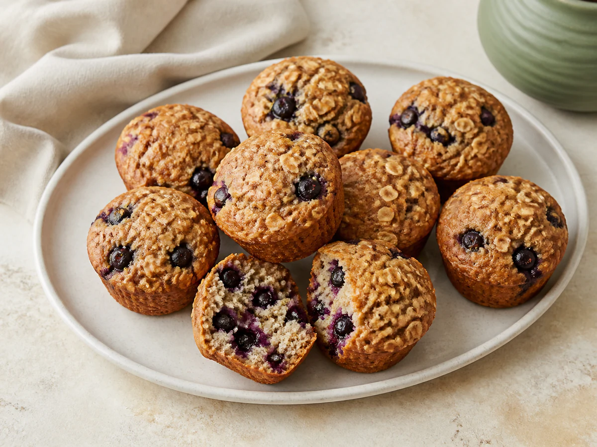 Golden oat and flax blueberry muffins on a cream ceramic platter, with one split open to show the berry-filled crumb