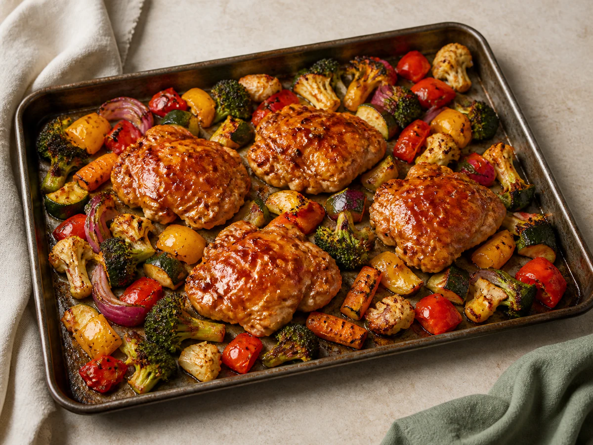 Sheet pan of glazed boneless hot honey chicken thighs with roasted broccoli, peppers, zucchini, carrots, cauliflower, and red onion