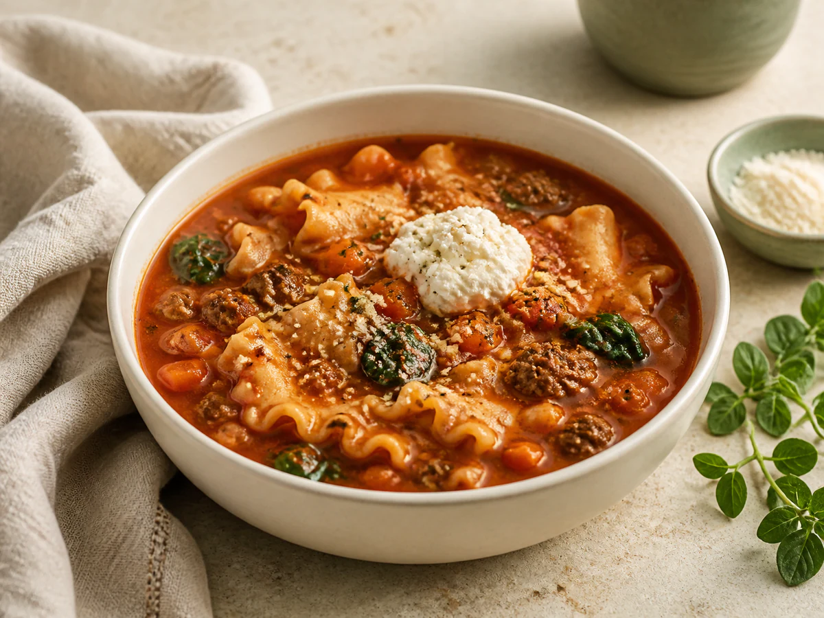 Tomato lasagna soup with broken ruffled noodles, browned beef, spinach, ricotta, and grated Parmesan