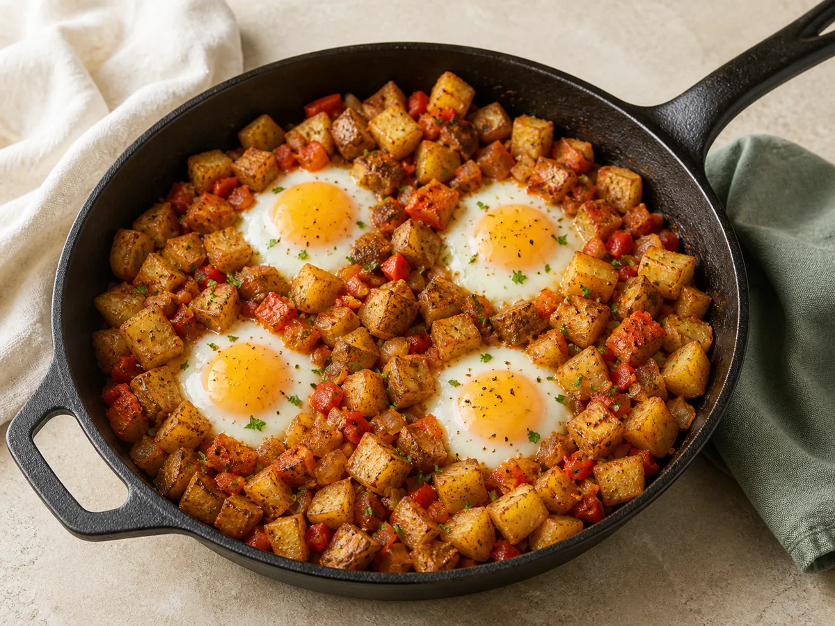 Crispy skin-on leftover baked potato hash with onion, red bell pepper, paprika, and four skillet-cooked eggs