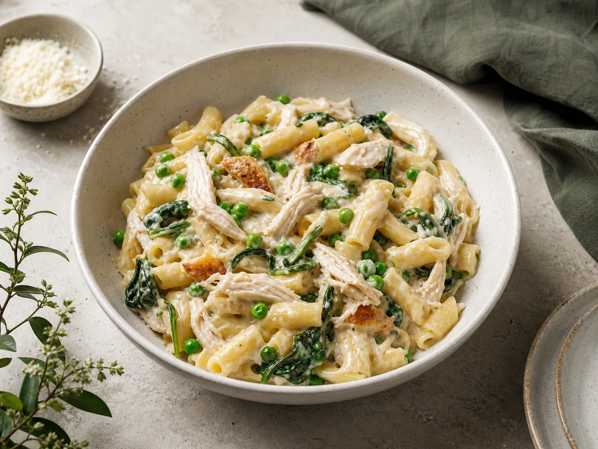 Creamy pasta with leftover chicken, peas, spinach, and parmesan