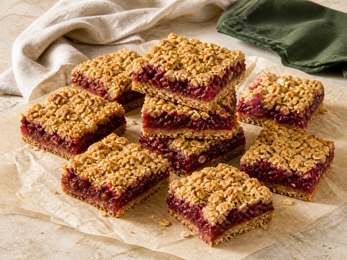 Golden oat crumble bars with a thick ruby cranberry sauce layer on cream baking parchment