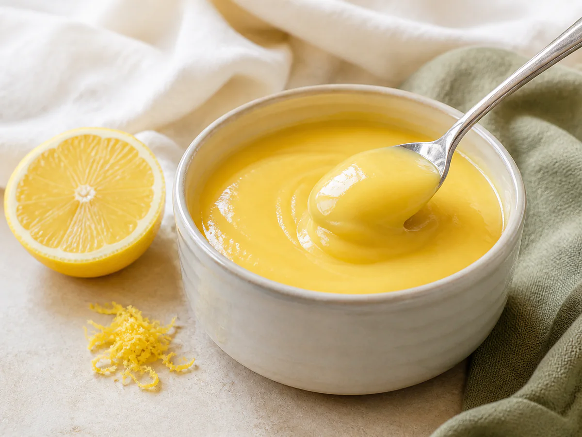 Smooth small-batch lemon curd in a ceramic bowl with a spoonful lifted beside fresh lemon and fine zest