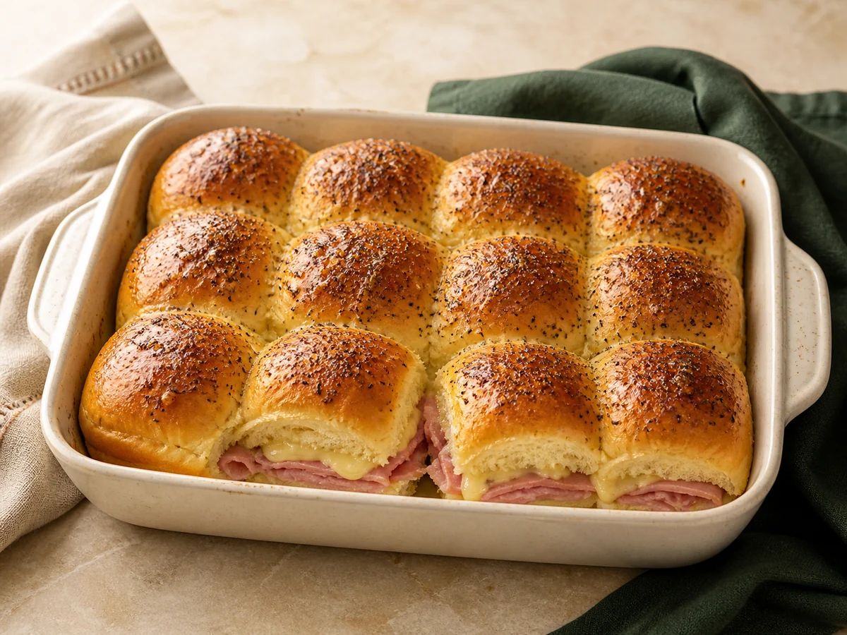 Tray of golden ham-and-cheese dinner-roll sliders brushed with mustard butter and poppy seeds