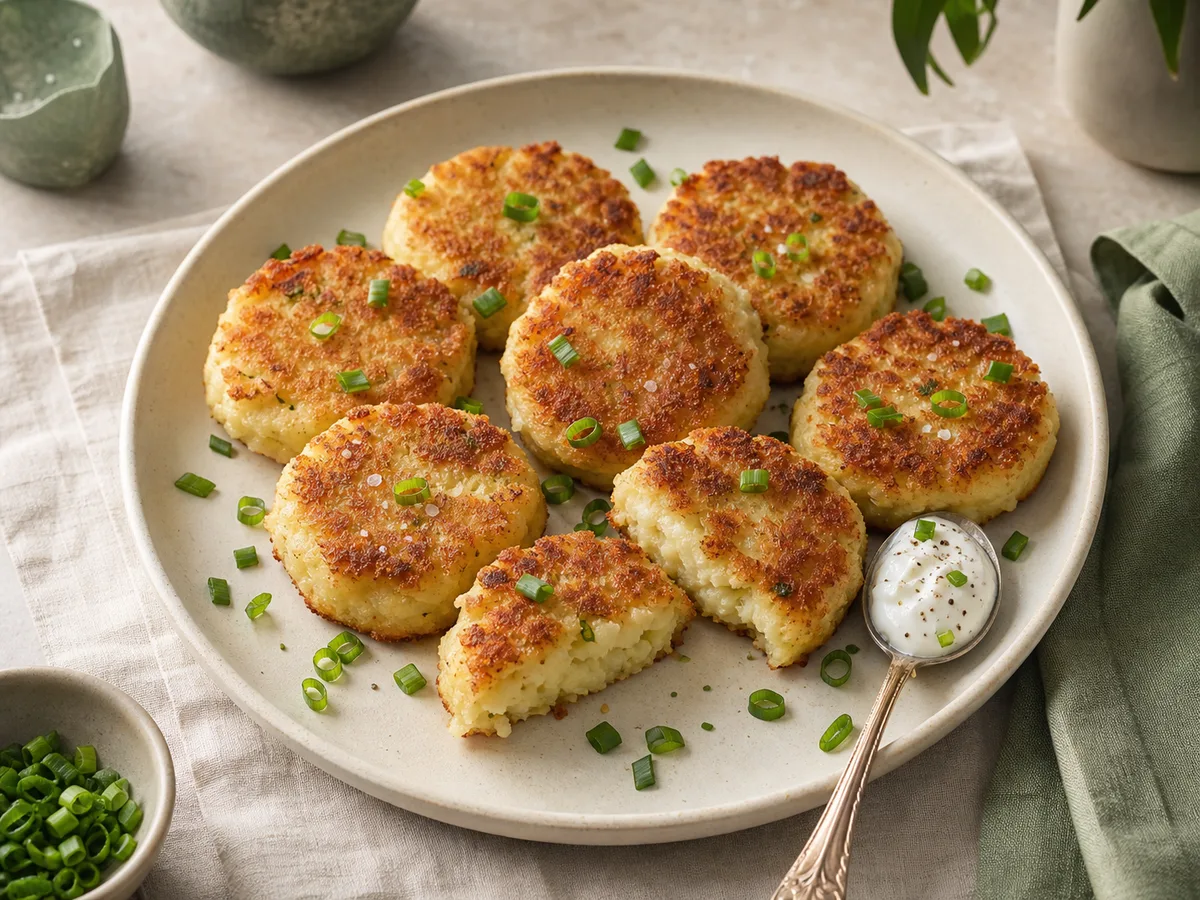 Golden crispy potato cakes made from leftover mashed potatoes