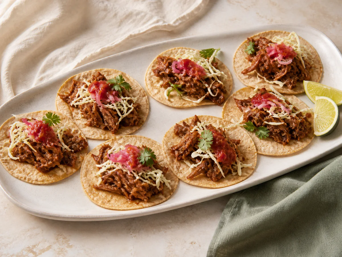 Eight soft corn tacos filled with juicy leftover pulled pork, shredded cabbage, salsa, pickled onion, and cilantro