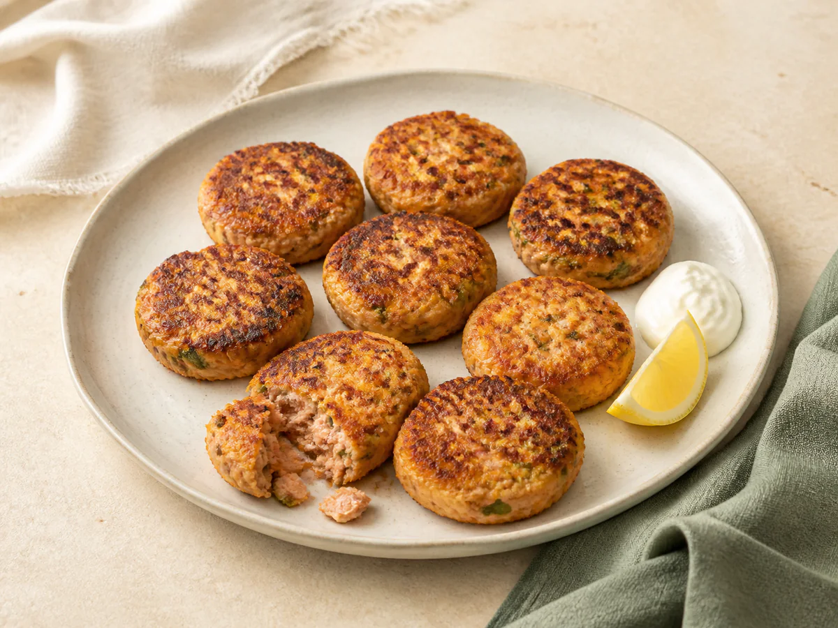 Eight golden leftover salmon cakes with a broken cake showing its flaky salmon center, served with lemon and yogurt