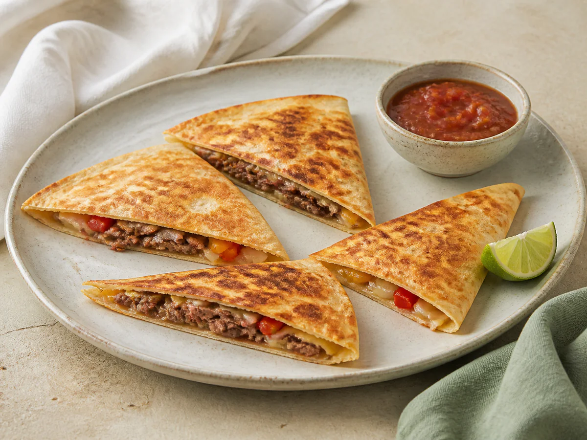 Golden skillet-crisped quesadilla wedges filled with thinly sliced leftover steak, melted cheese, onion, and bell pepper