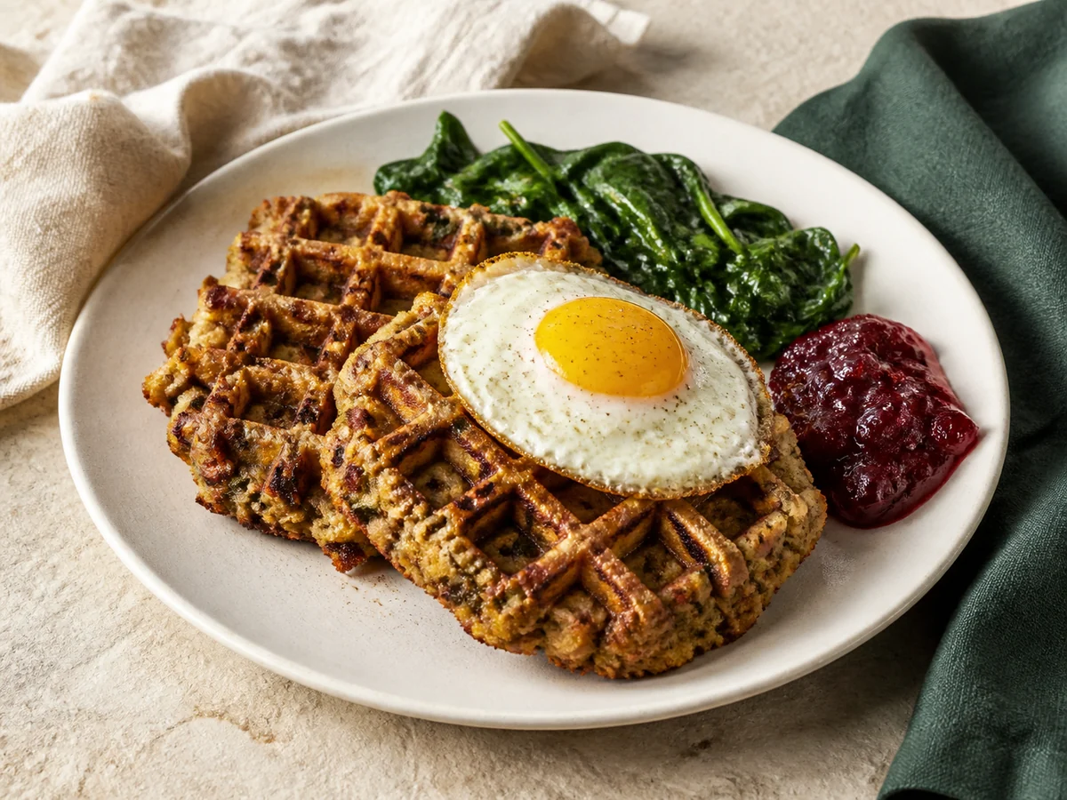 Crispy savory stuffing waffles topped with a fried egg and served with sauteed spinach and cranberry sauce