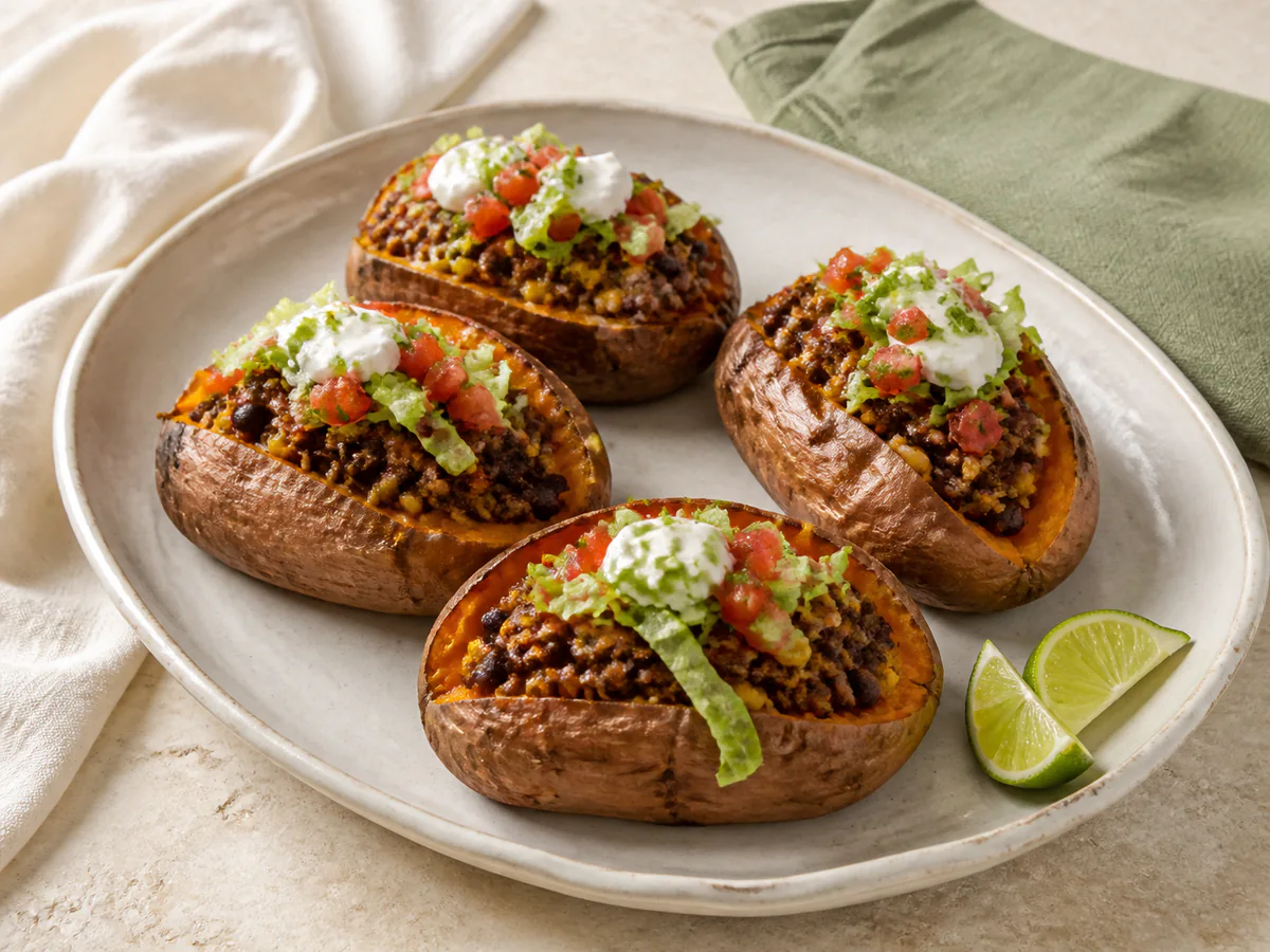 Four baked sweet potatoes stuffed with leftover taco meat, black beans, corn, cheese, lettuce, tomato, and yogurt