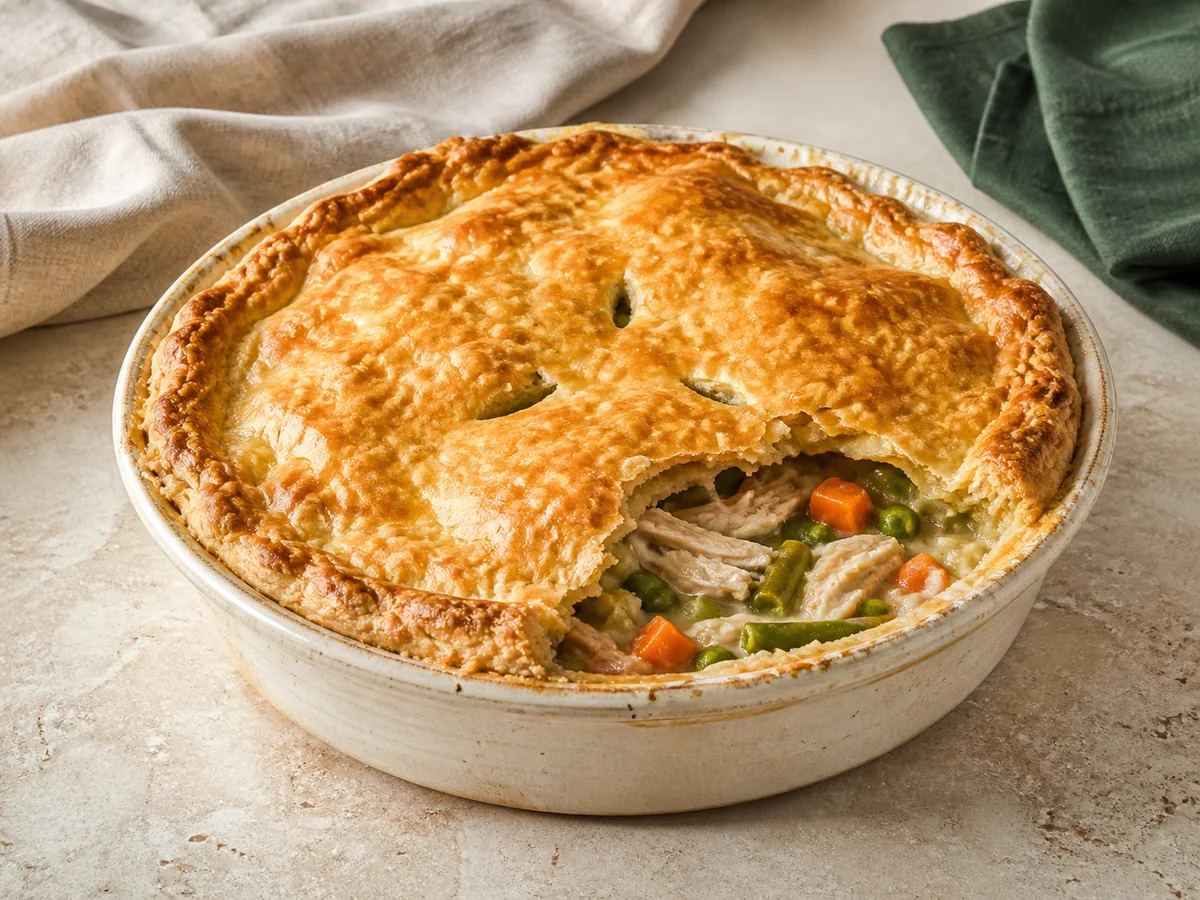 Golden puff-pastry turkey pot pie with peas, carrots, green beans, and creamy gravy visible at the edge