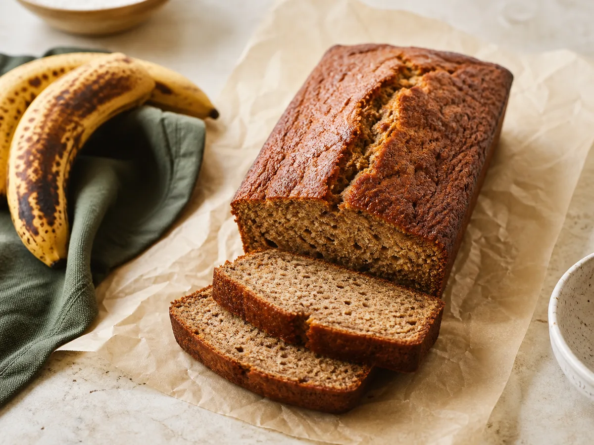 One-bowl banana bread with two slices and brown-spotted bananas