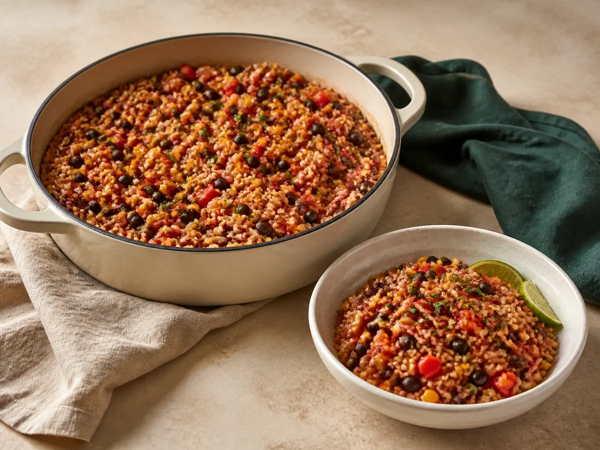 One-pot tomato-spiced rice with black beans, bell pepper, and corn beside a filled serving bowl
