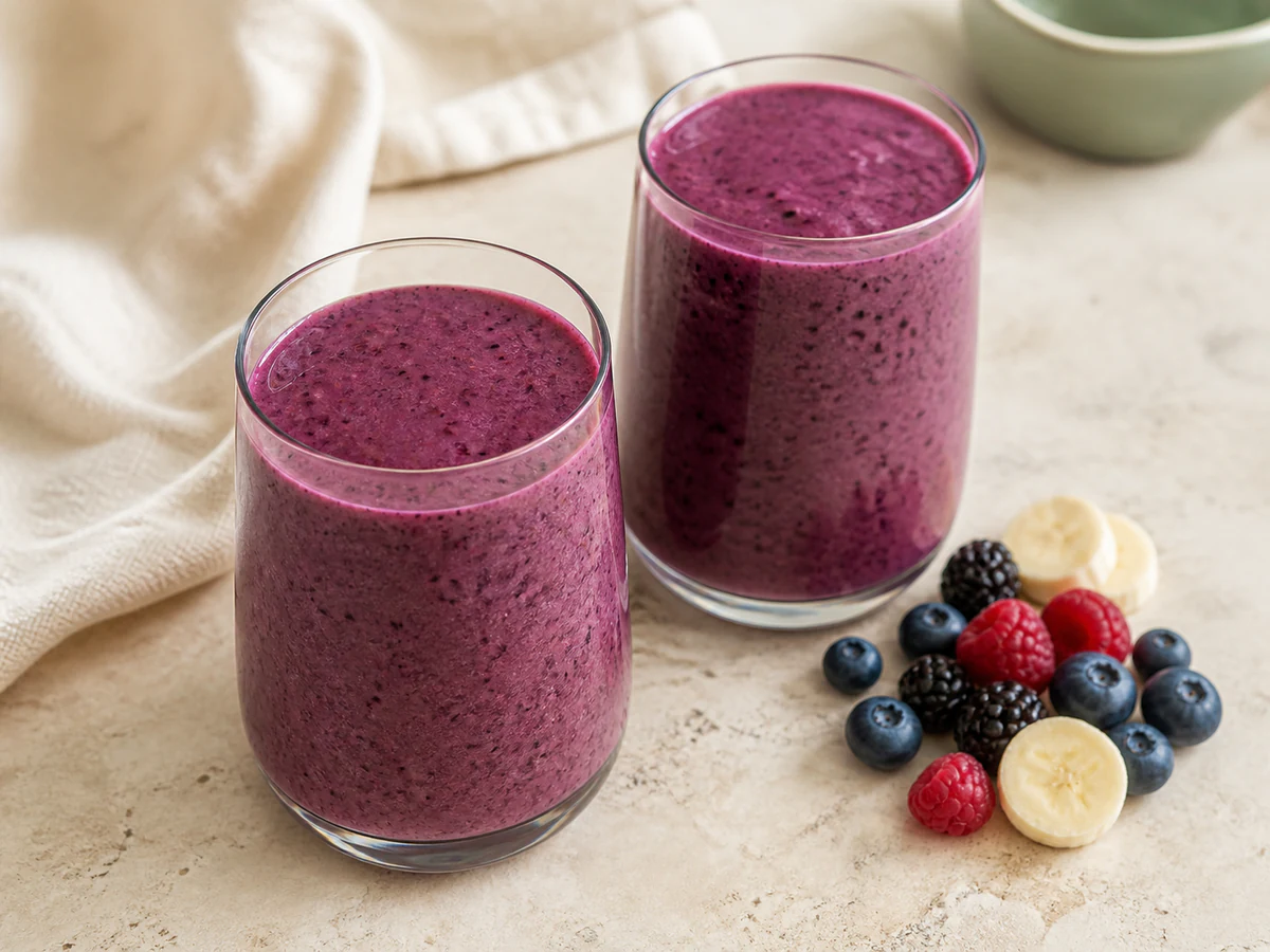 Two glasses of thick mixed-berry frozen-fruit yogurt smoothie with blueberries, raspberries, blackberries, and banana beside them