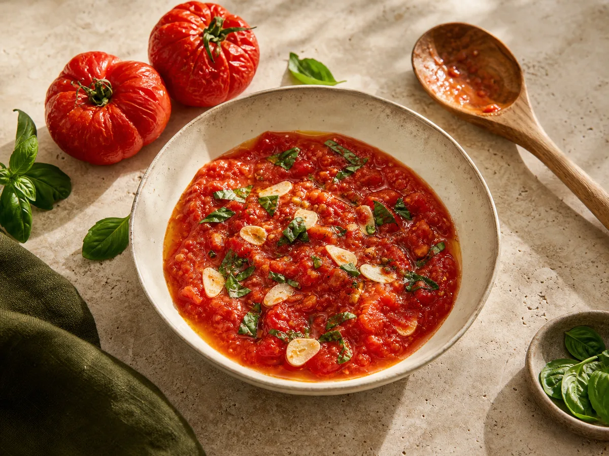 Rustic fresh tomato sauce made from soft ripe tomatoes with garlic and basil