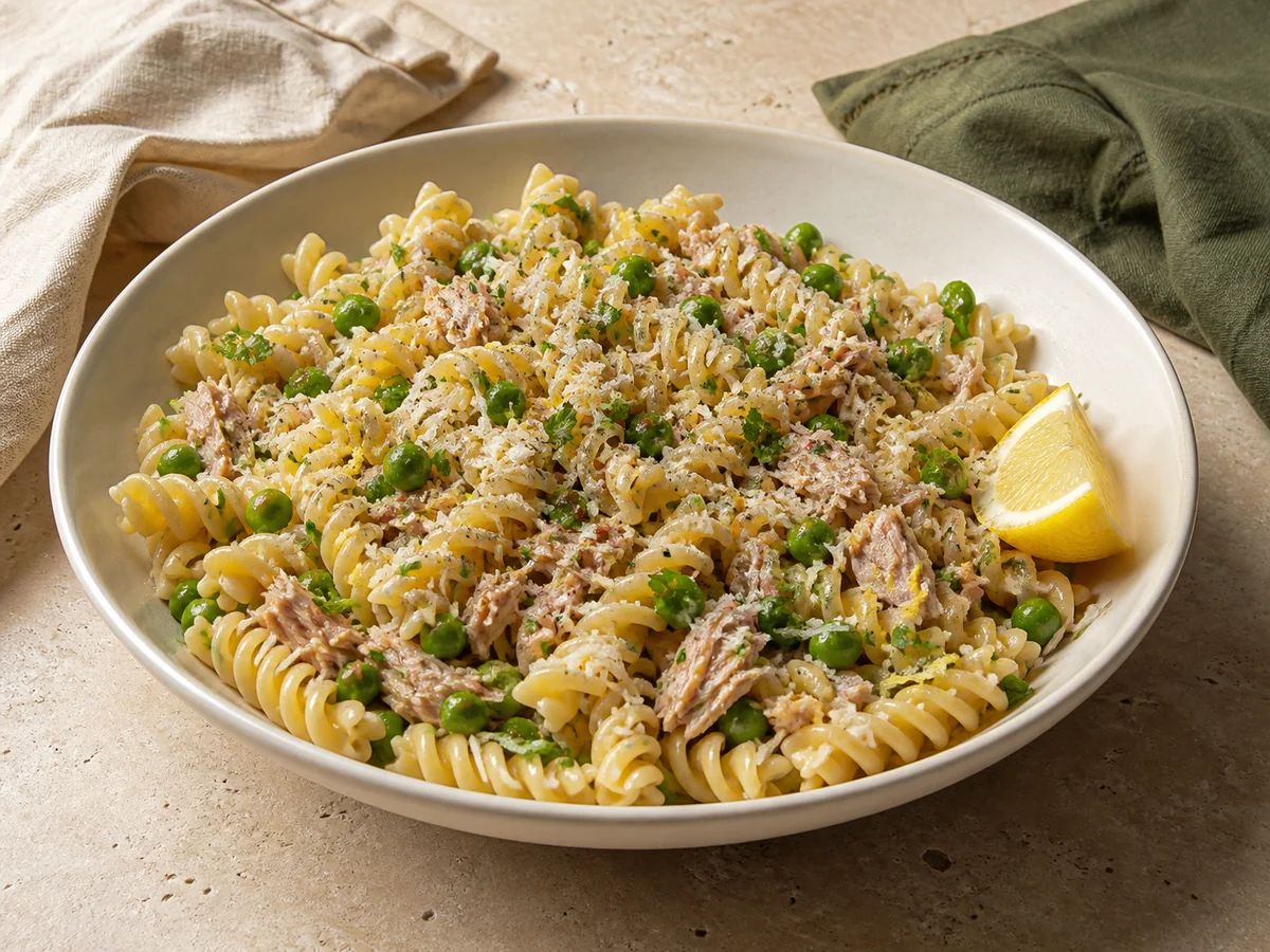 Lemon-pea fusilli with visible tuna flakes, parmesan, parsley, and black pepper in a cream bowl