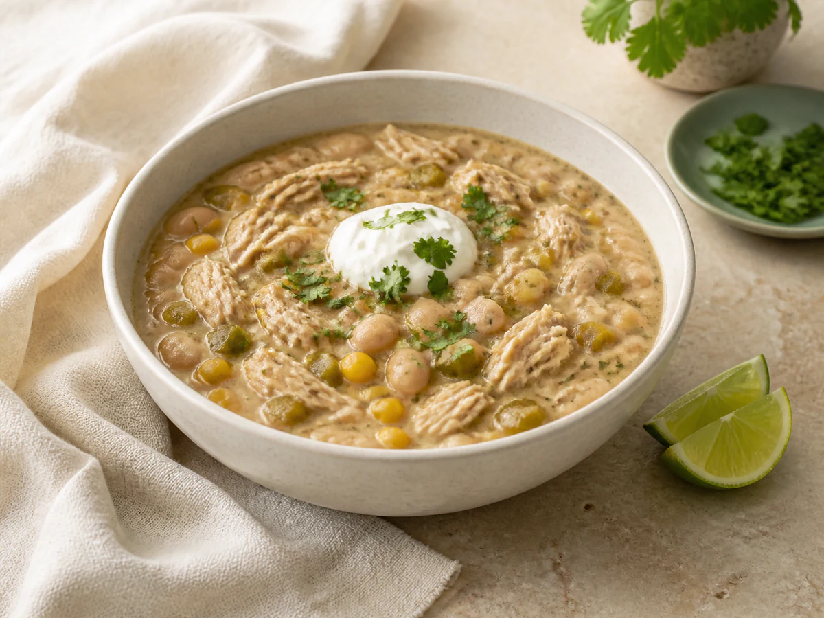 Creamy white chicken chili with shredded chicken, white beans, corn, green chiles, yogurt, cilantro, and lime