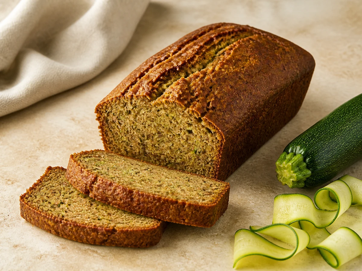 Sliced zucchini bread loaf with a moist crumb beside fresh zucchini ribbons
